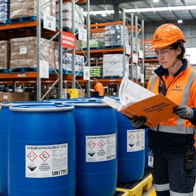 Hyperrealistic corporate industrial photography: a workplace safety manager wearing protective equipment reviewing a printed Safety Data Sheet (SDS) binder next to chemical drums with visible hazard labels inside a clean, modern, well-lit warehouse. Professional lighting, shallow depth of field, realistic textures, 8k resolution, 35mm photography.
